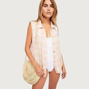 Hey There Sunrise Free People Sleeveless Dip Dye Pink‎ Gingham Top Women's Sz M